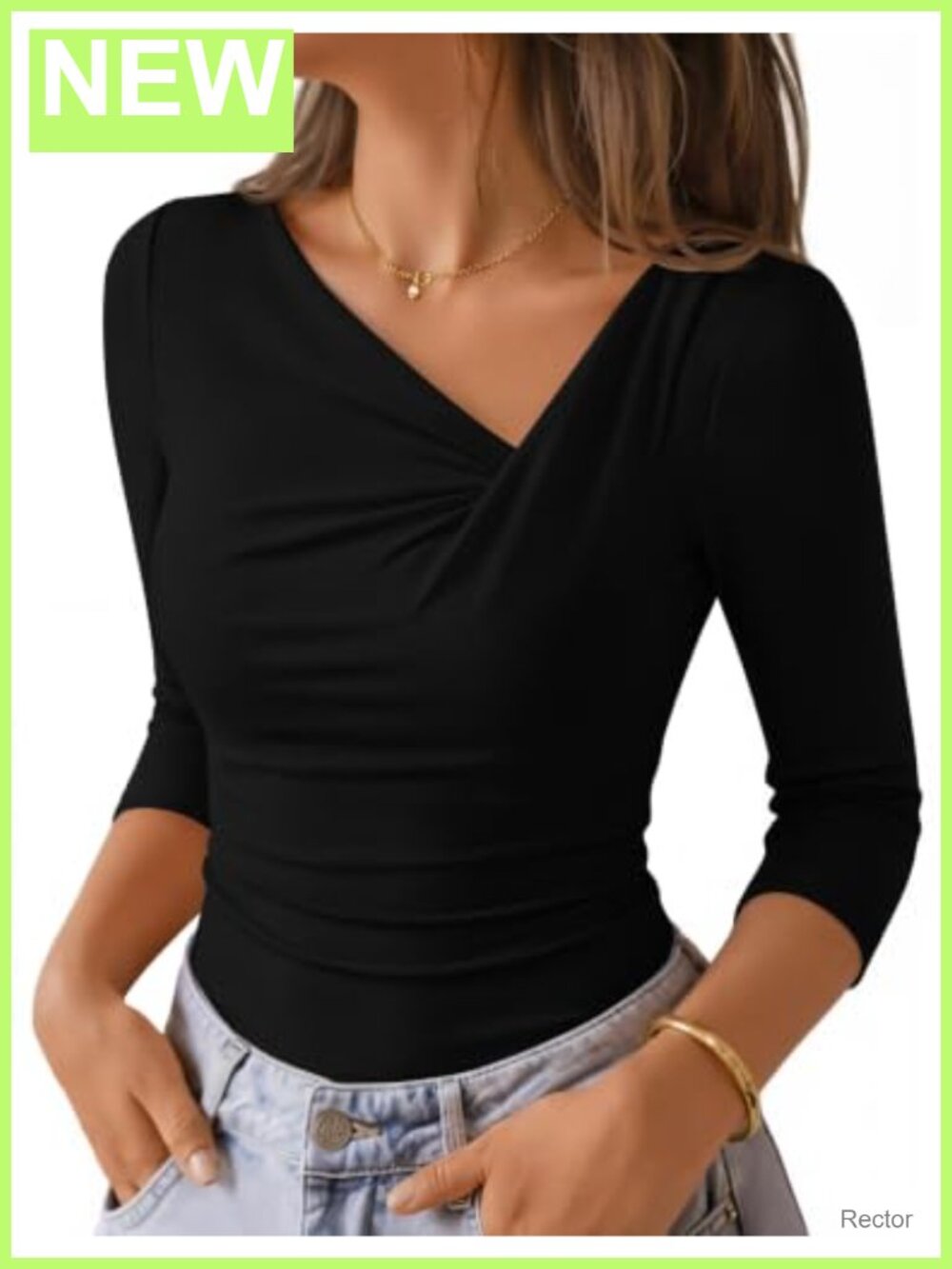 3/4 Sleeve Asymmetrical Ruched Waist Ribbed Knit Top